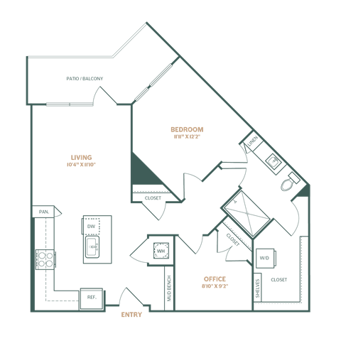 Floor plan for 1 bed, 1 bath, 890 sqft